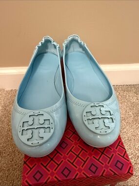 Tory Burch Womens Light Blue Patent Minnie Ballet Flats